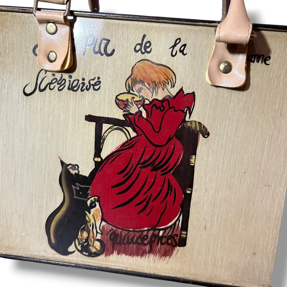 Vintage Style Painted Metal Cigar Box Purse Bin French Girl Cat Cream Tan Decor